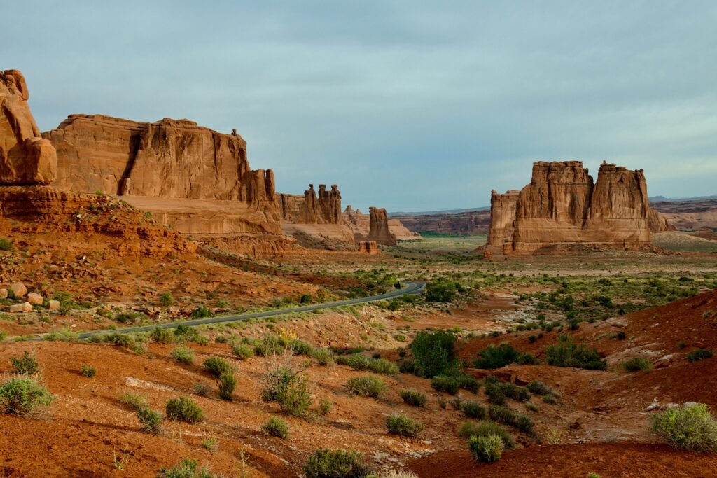 Breathtaking red rock formations in Arches National Park, Utah, showcasing the majestic Courthouse Towers.