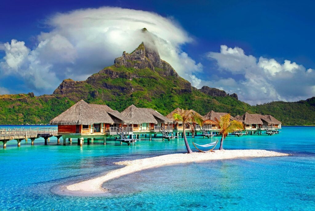 Beautiful overwater bungalows and mountain in Bora Bora. Perfect tropical getaway.