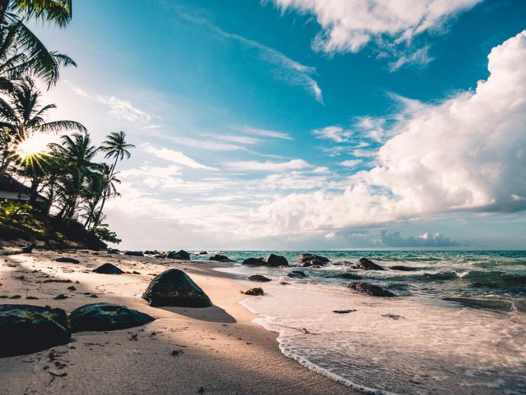 Experience the serene beauty of a tropical beach in RAAS, Nicaragua, with palm trees and ocean waves.