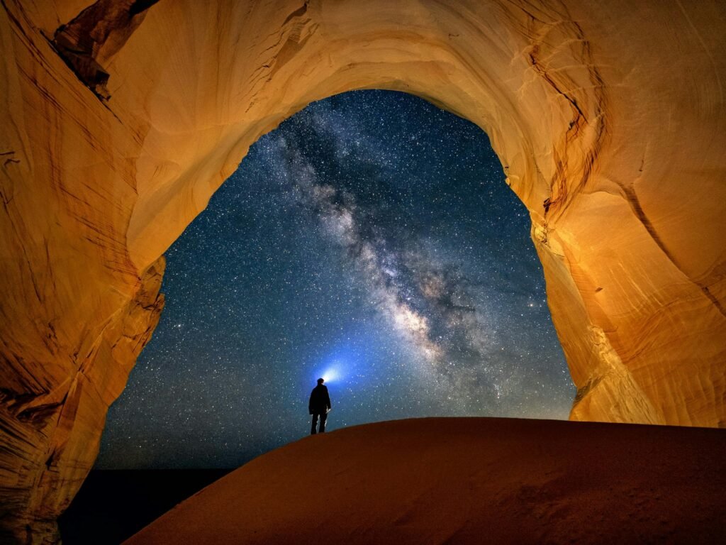 Explore the breathtaking view of the Milky Way through a natural arch in Kanab, Utah.