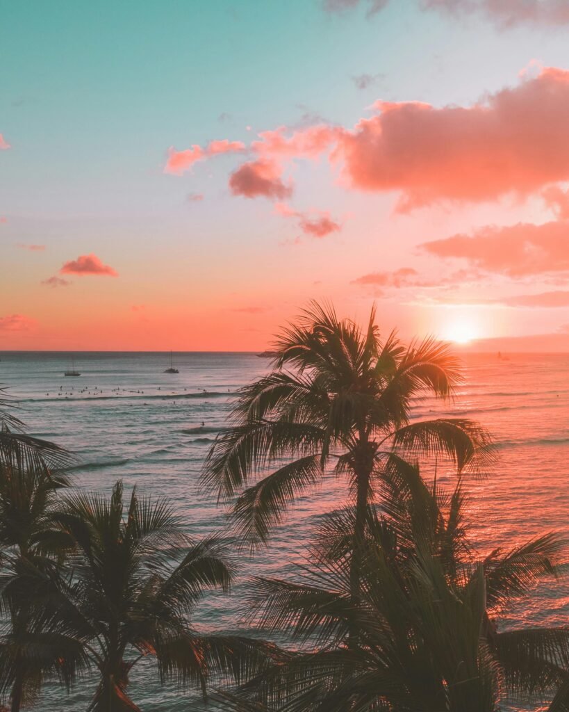 Stunning Hawaiian sunset with palm trees and ocean view in Waikiki.